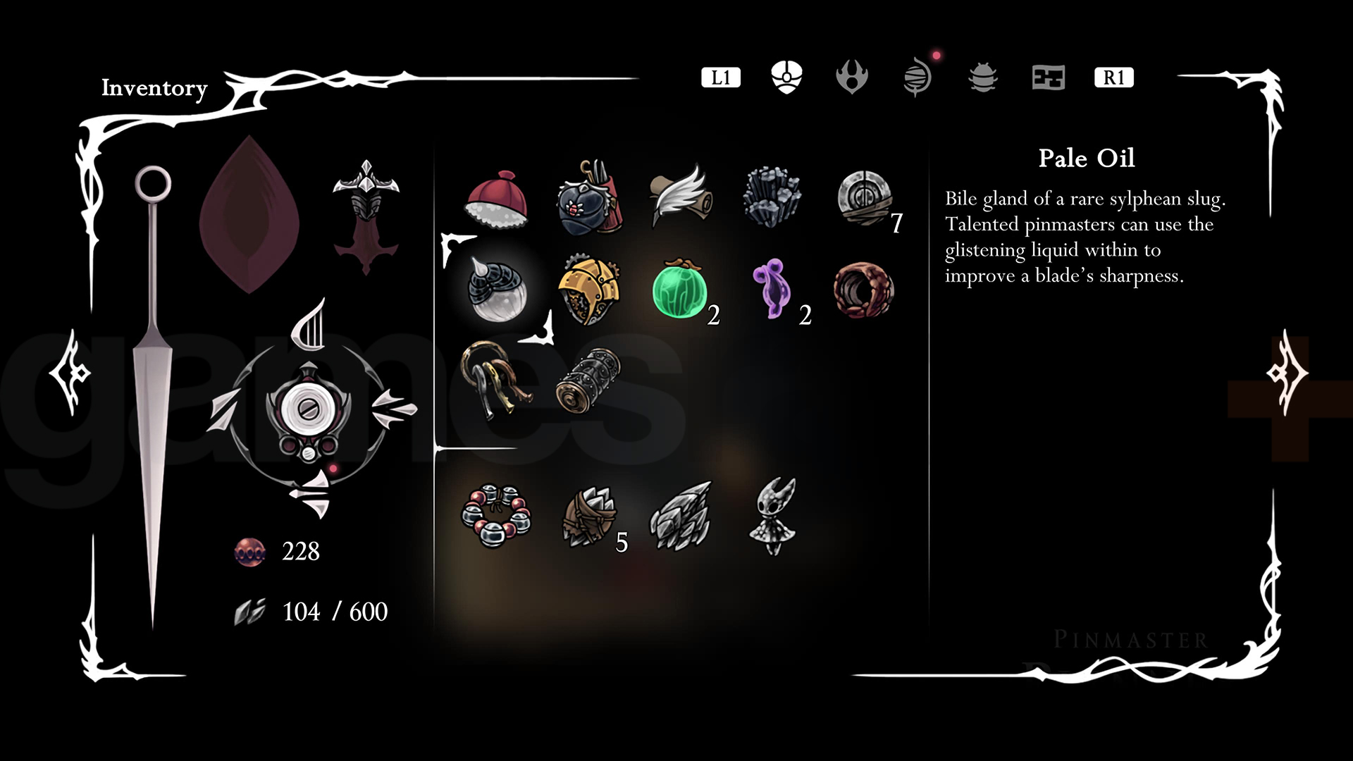 Pale Oil in a player&#039;s inventory in Silksong