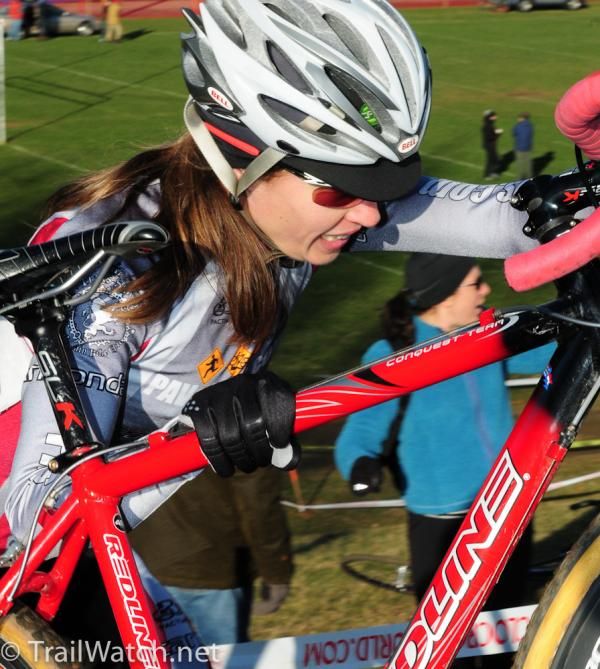 Carolyn Popovic (PAValleys.com) struggling to get her bike to the top of the climb