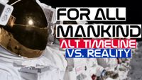 Screenshot from For All Mankind, showing a line of astronauts on the moon. The words "For All Mankind, alt timeline vs. reality" are superimposed onto the image with a white, red, and blue background.
