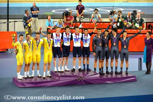 Men's team pursuit podium (L-R): Australia, Great Britain, New Zealand