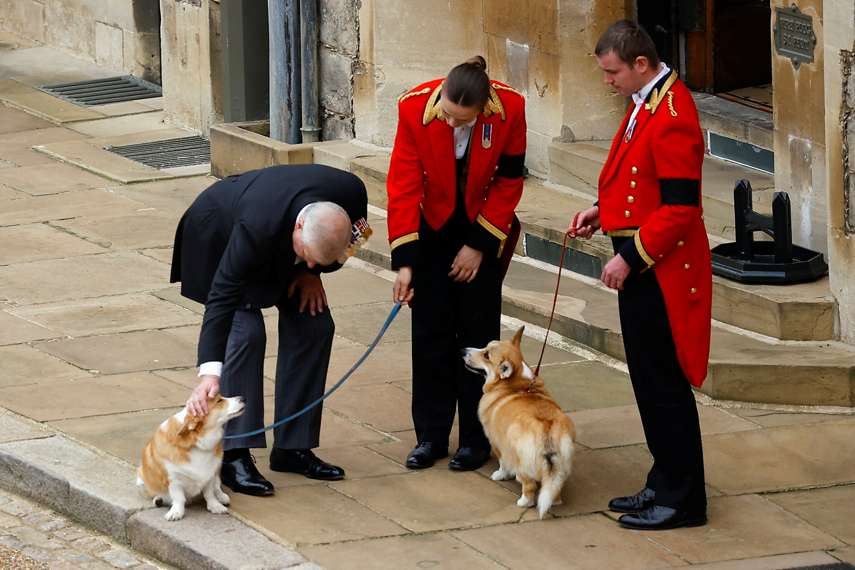 Prince Andrew petting the late Queen's corgis at her funeral