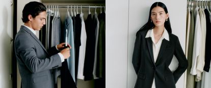 Woman and Man posing in suits next to a wardrobe