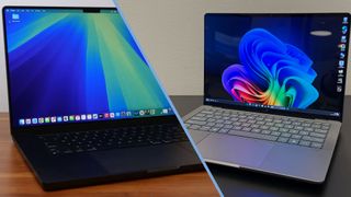 A versus image with the Apple MacBook Pro 16 (M4 Pro, 2024) on the left and the HP ZBook Ultra 14 G1a on the right.