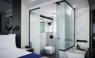 Bathroom interiors of glass architecture