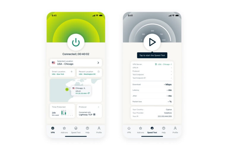 Screenshots of ExpressVPN's new interface on mobile apps