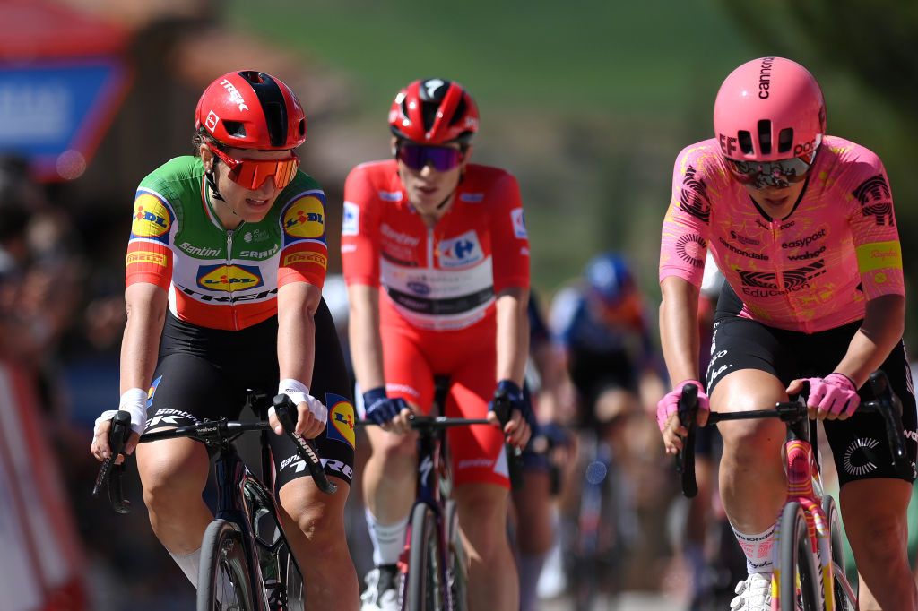 SIGUENZA SPAIN MAY 04 LR Elisa Longo Borghini of Italy and Team Lidl Trek and Kristen Faulkner of The United States and Team EF EducationCannondale cross the finish line during the 10th La Vuelta Femenina 2024 Stage 7 a 1386km stage from San Esteban de Gormaz to Siguenza 1030m UCIWT on May 04 2024 in Siguenza Spain Photo by Alex BroadwayGetty Images