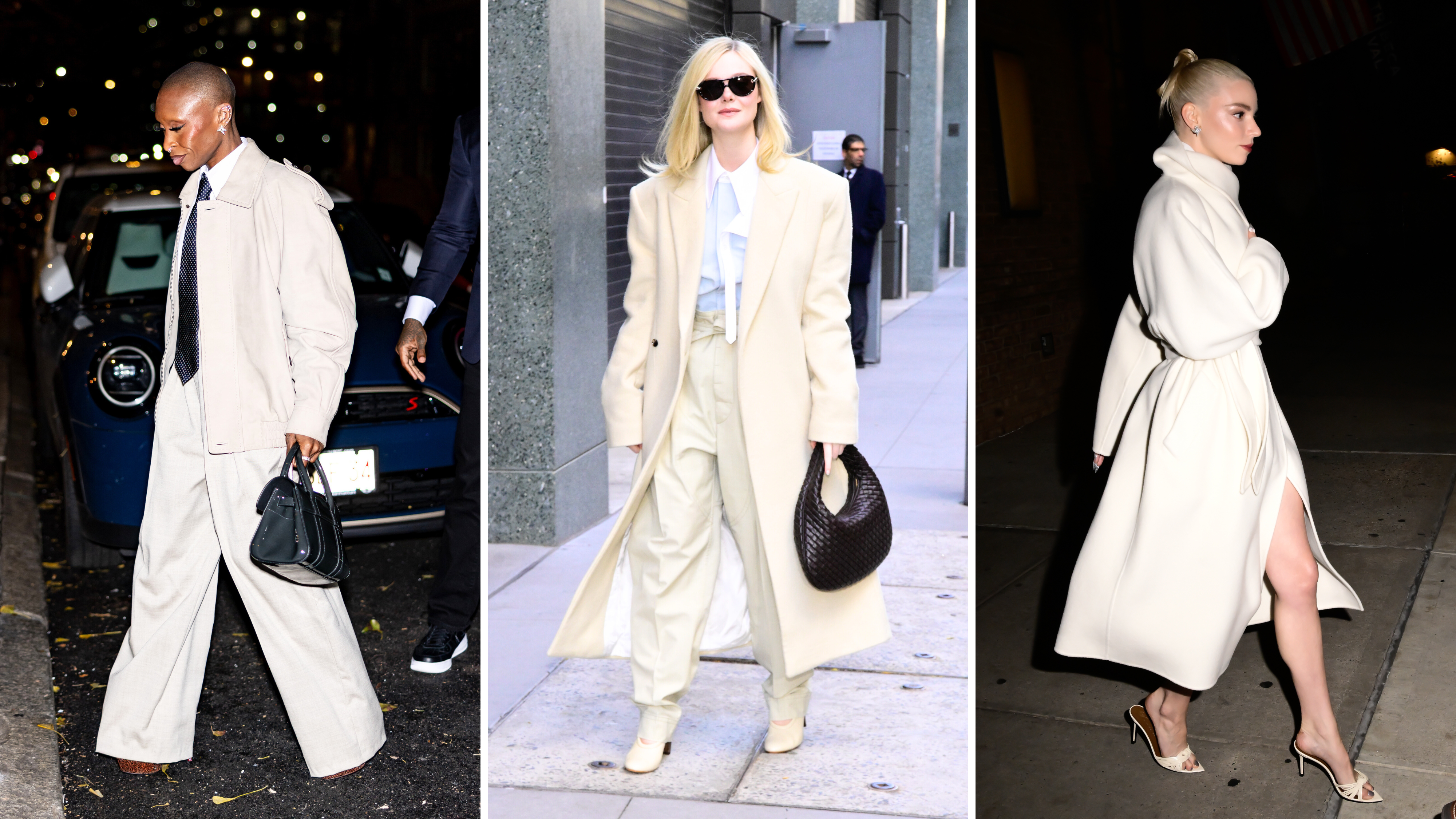 Cynthia Erivo, Elle Fanning, Anna Taylor Joy wear Cloud Dancer Pantone colour outfits