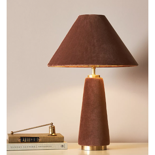 brown belvet table lamp with gold accents