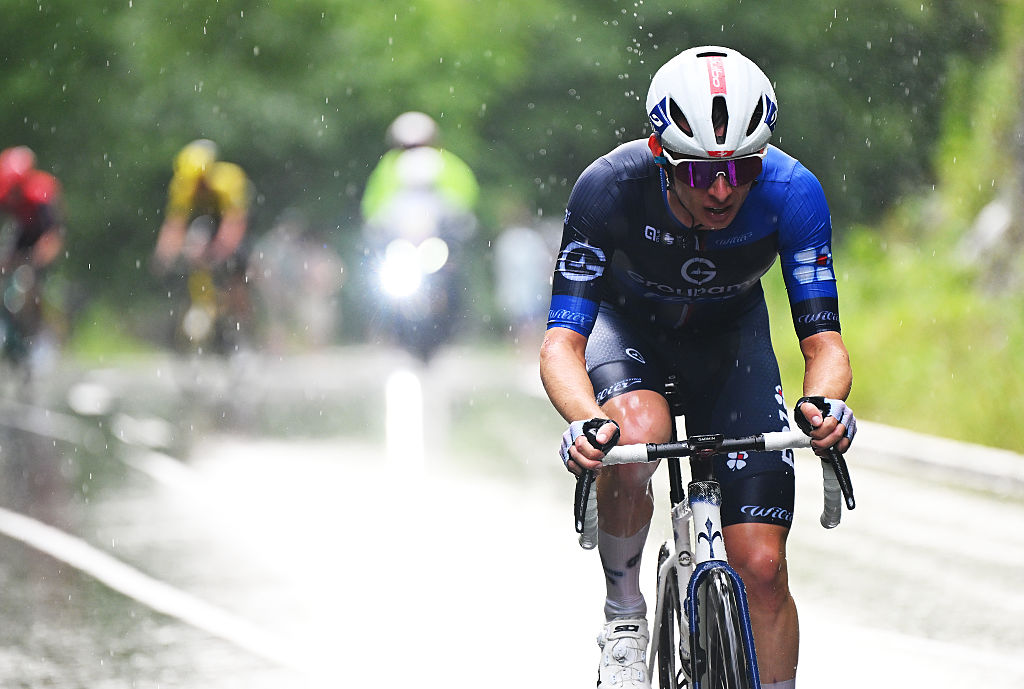 KUSNACHT, SWITZERLAND - JUNE 15: Romain Gregoire of France and Team Groupama - FDJ competes in the breakaway during the 88th Tour de Suisse, Stage 1 a 129.4km at stage from Kusnacht to Kusnacht / #UCIWT / on June 15, 2025 in Kusnacht, Switzerland. (Photo by Tim de Waele/Getty Images)