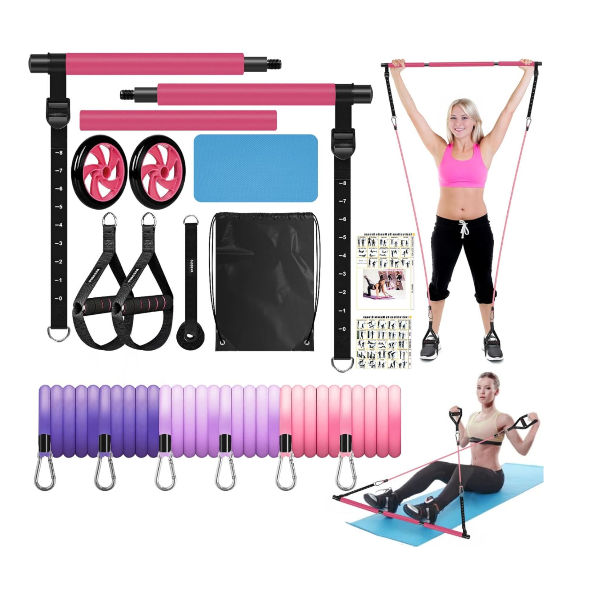 Pilates Bar Kit with Resistance Bands, OLODEER Pilates Reformer Exercise Bar with Ab Roller at Home Workout Equipment, Pilates Bar Set for Full Body...