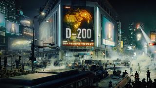 view of a chaotic city street lit by helicopters, as a billboard with an image of the earth on fire reads, D-200, from the k-drama 'goodbye earth'