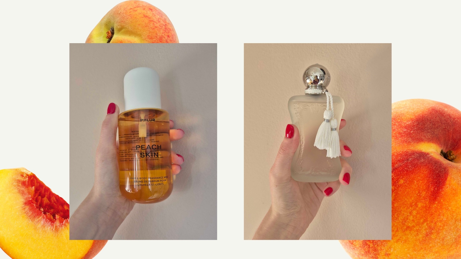 On the left is a close-up of Digital Beauty Writer, Naomi Jamieson&#039;s hand seen holding a bottle of PHLUR&#039;S Peach Skin perfume (which features an orange bottle and white lid), up in front of a plaster pink wall. And on the right, is another picture of Naomi&#039;s hand holding the Parfums de Marly Valaya perfume (with its frosted white bottle, silver lid and white tassels), in front of the same wall/ both images are featured on a cream template with three pictures of peaches scattered across it.