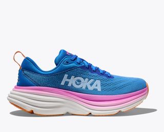 A pair of blue and pink women's Hoka Bondi 8 shoes