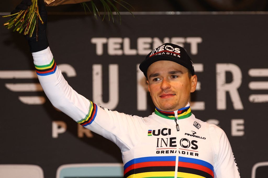 Firstplaced British Thomas Pidcock poses on the podium after the Men Elite race of the Superprestige Boom 2022 fourth stage of the Superprestige cyclocross competition in Boom on December 3 2022 Belgium OUT Photo by DAVID PINTENS Belga AFP Belgium OUT Photo by DAVID PINTENSBelgaAFP via Getty Images