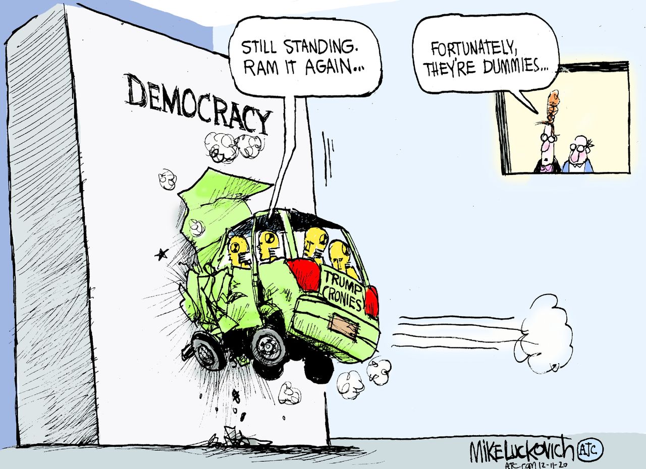 Political Cartoon U.S. Trump crash test dummies democracy lawsuits