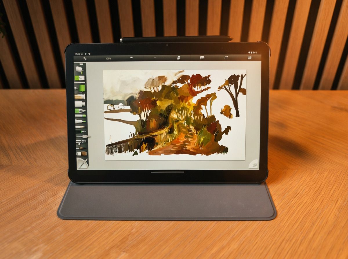 Esboço inacabado no ArtRage demonstrando que Android possui bons aplicativos de arte, alguns pré-instalados no tablet, embora contenham anúncios.