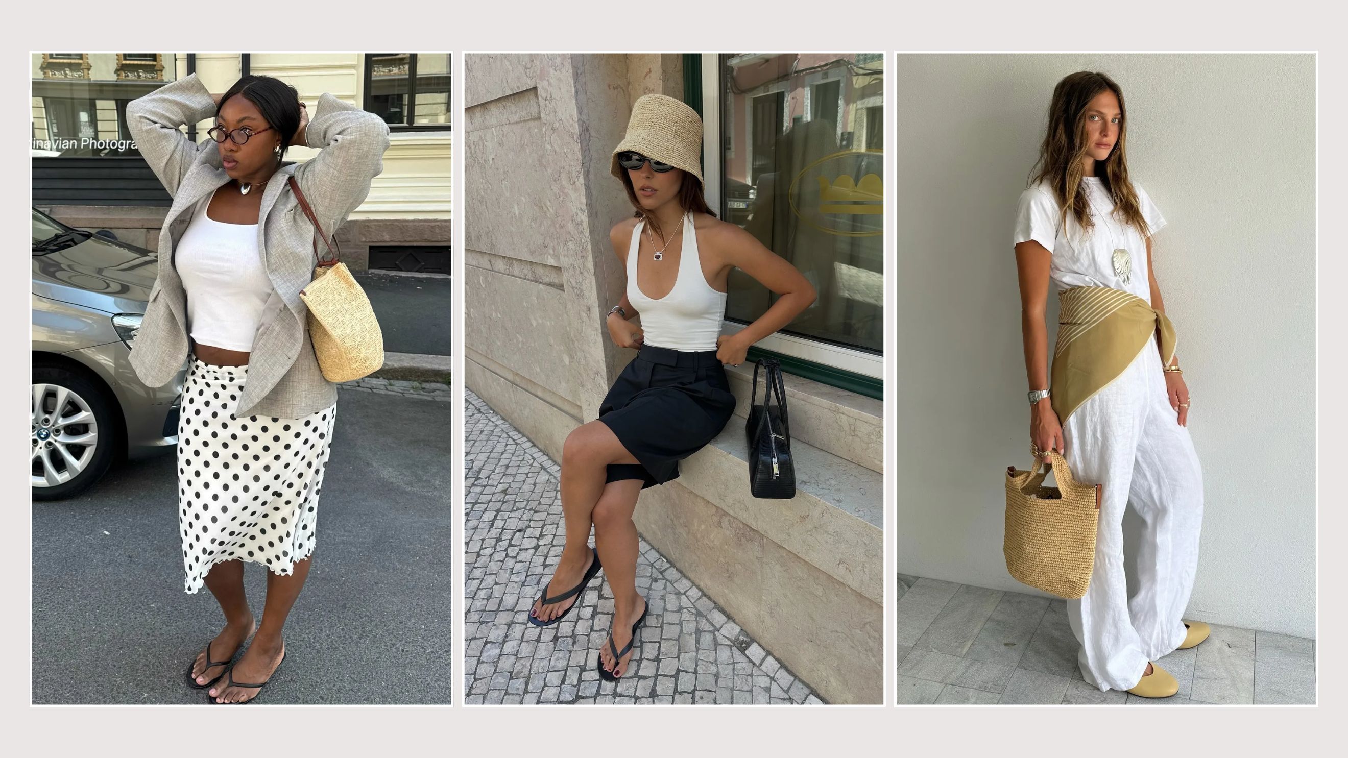 Stylish fashion influencers wearing simple and elevated summer outfits.