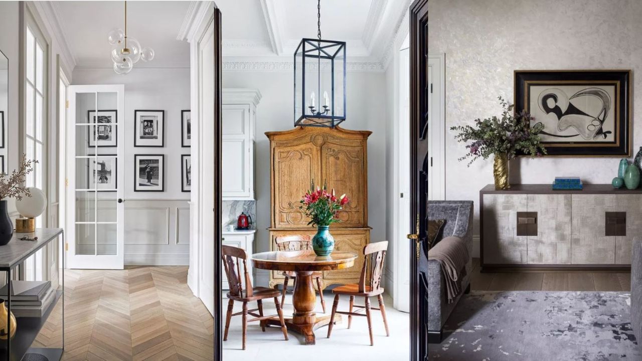 Three pictures of expensive looking homes: a hallway with gallery of art, antique furniture and dresser in a living room