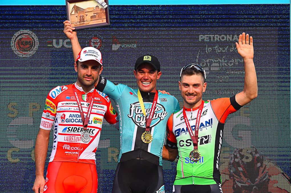 Matteo Pelucchi, Travis McCabe and Andrea Guardini on the stage 3 podium at Tour de Langkawi