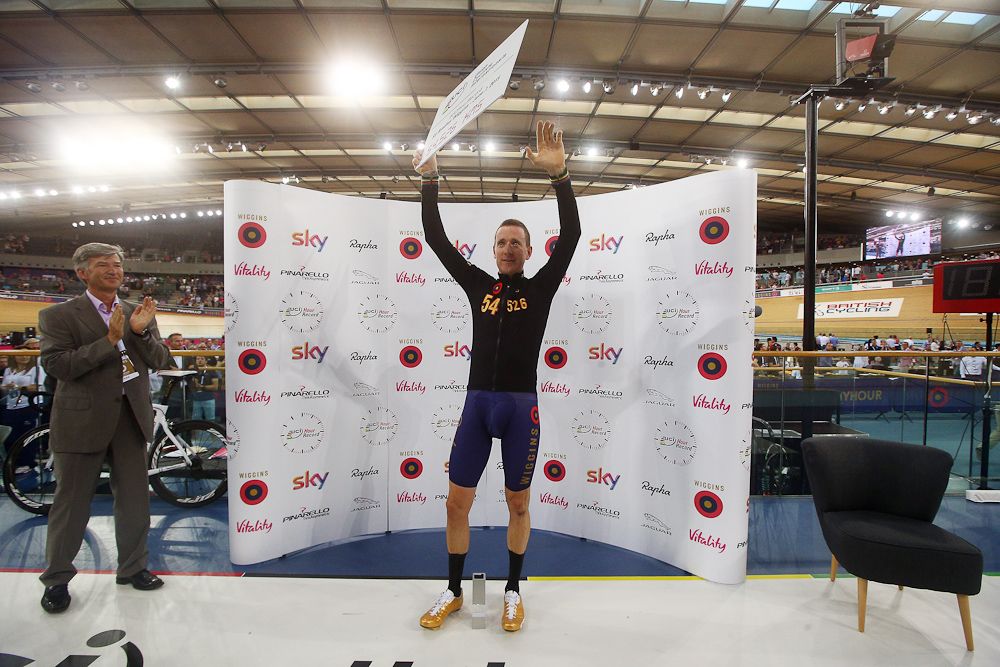 Bradley Wiggins of Great Britain and Team Wiggins celebrates after the UCI One Hour Record at Lee Valley Velopark Velodrome.