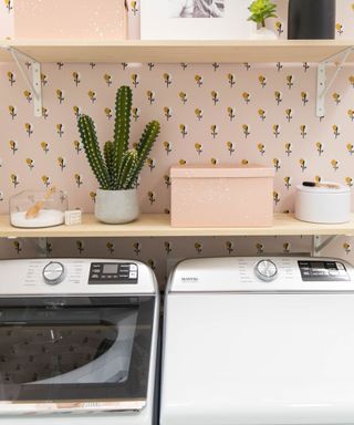 Playful laundry room with pretty, pastel floral wallpaper and potted cactus on styled shelf