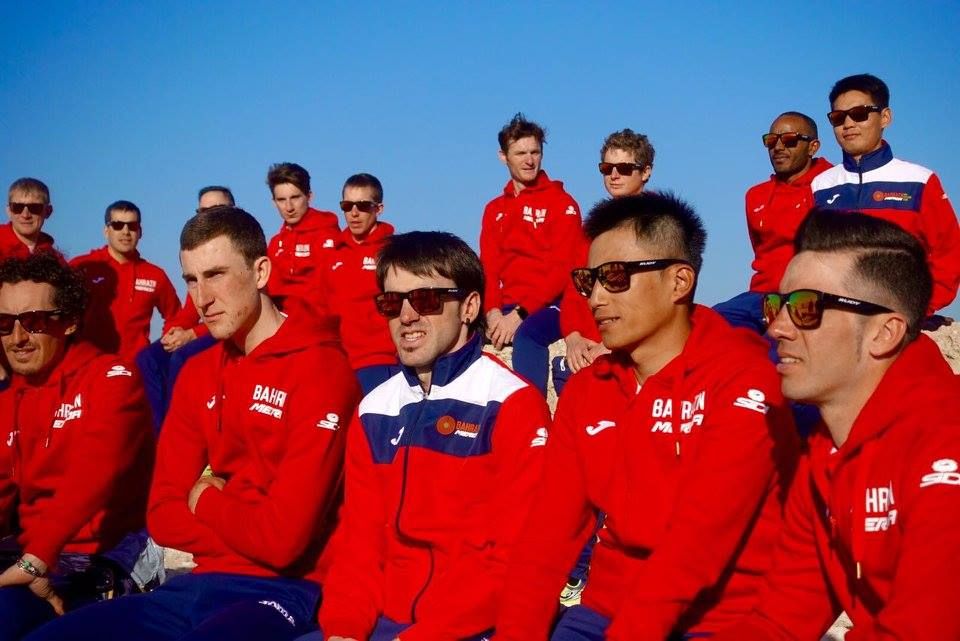 The Bahrain-Merida riders gather under the Bahraini sun
