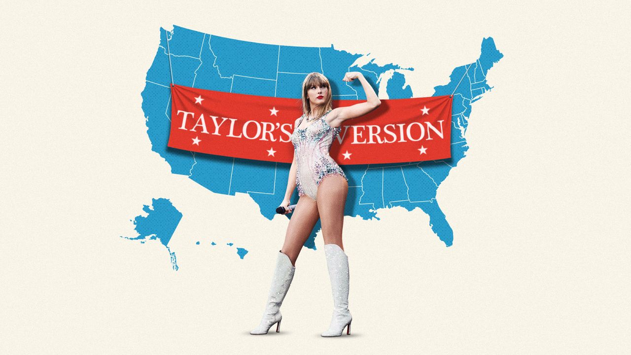 Taylor Swift posing in front of a USA map with a &quot;Taylor&#039;s Version&quot; banner