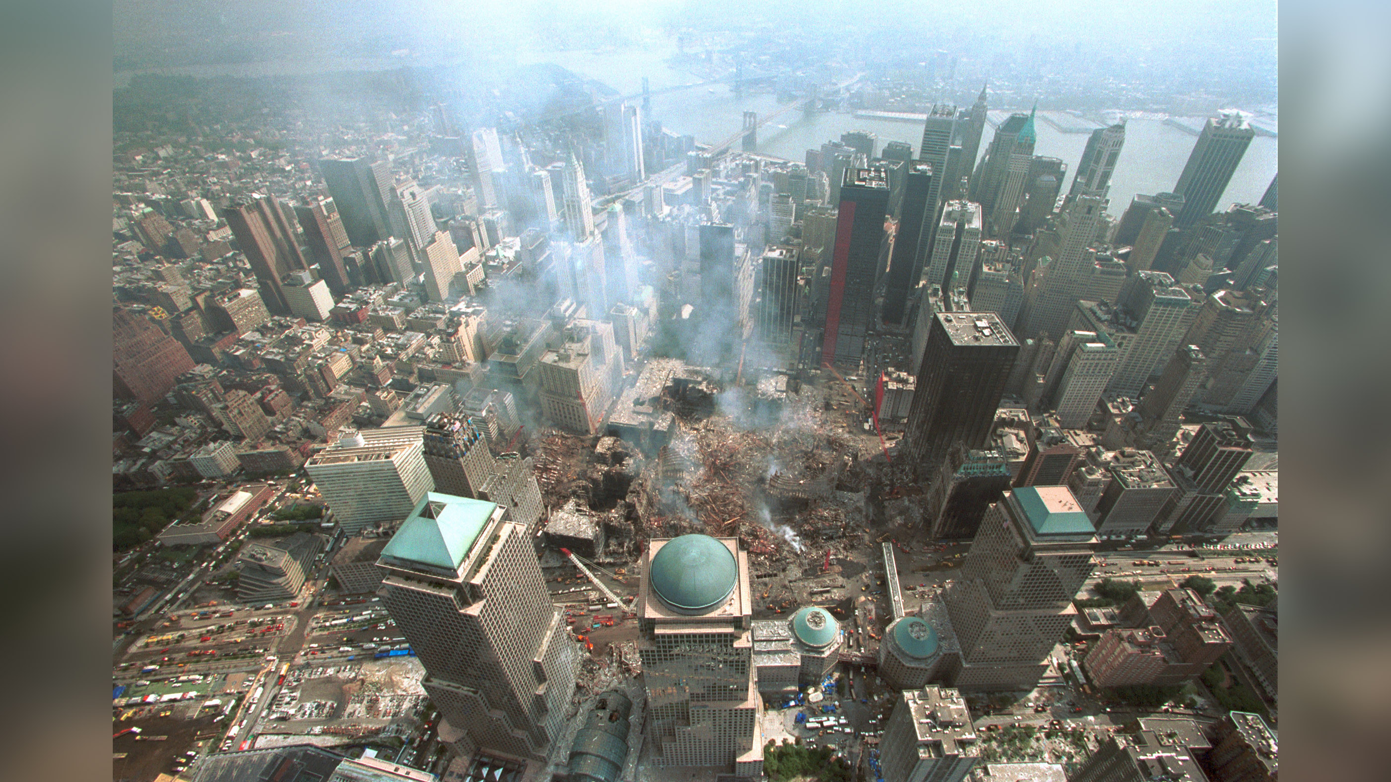 An aerial view of the NYC Custom house and surrounding area after the 9/11 terrorist attacks.
