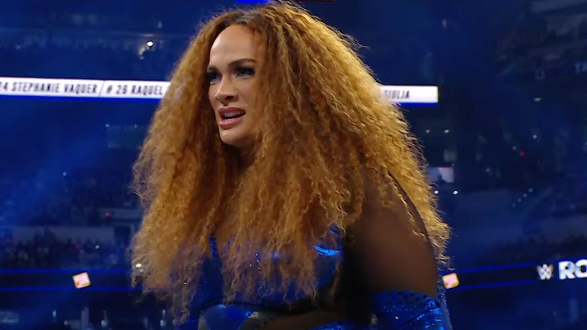 Nia Jax meeting Nikki Bella in the ring during the Women&#039;s Royal Rumble