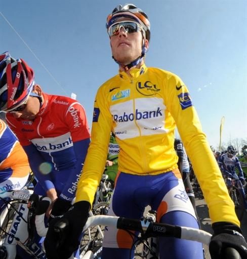 Race leader Lars Boom (Rabobank) awaits the start of stage two with teammate Koos Moerenhout.