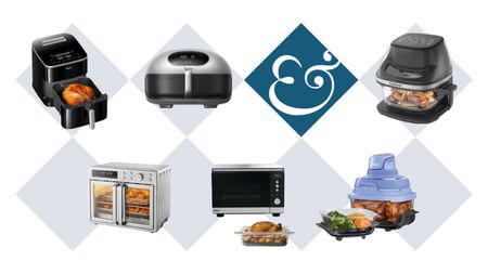A selection of air fryers and toaster ovens against a background of white and light blue diamonds. One of the diamonds is dark blue and has a & inside. 