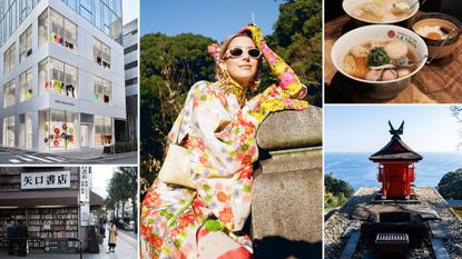 a collage of images that includes a photo of designer Poppy Lissiman and her recommendations for where to shop and eat in Tokyo