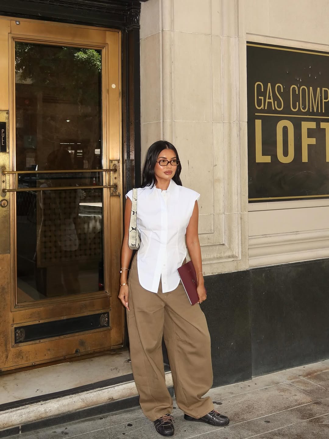 woman wearing best fitted button down shirt