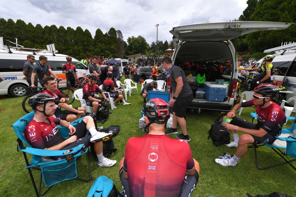 Team Ineos debrief after the stage