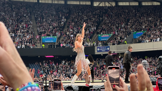 Taylor Swift performing her Fearless era during The Eras Tour at Murrayfield Stadium, Edinburgh