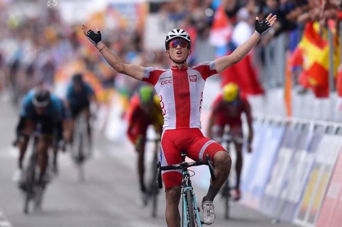Michal Kwiatkowski (Poland) celebrates his solo Worlds victory