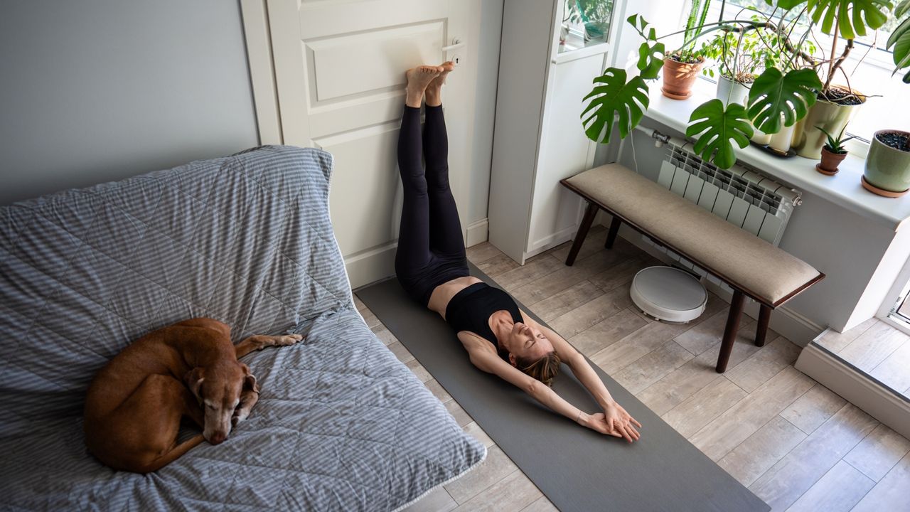 woman in black leggings and crop top lying on a grey exercise mat with legs up the wall over a closed door. there's a sofa with a dog on it and plants on a window sill next to her, shot from above