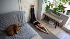 woman in black leggings and crop top lying on a grey exercise mat with legs up the wall over a closed door. there's a sofa with a dog on it and plants on a window sill next to her, shot from above