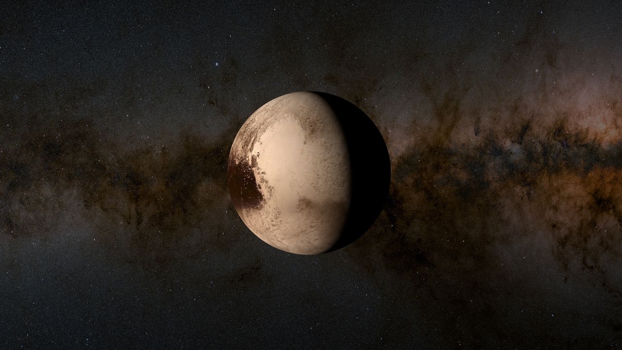 an illustration of Pluto with the Milky Way visible in the background
