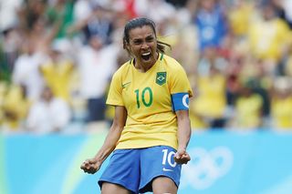 Marta of Brazil celebrates a penalty during the Women's Football Semi Final between Brazil and Sweden on Day 11 of the Rio 2016 Olympic Games at Maracana Stadium on August 16, 2016 in Rio de Janeiro, Brazil. (Photo by Buda Mendes/Getty Images)