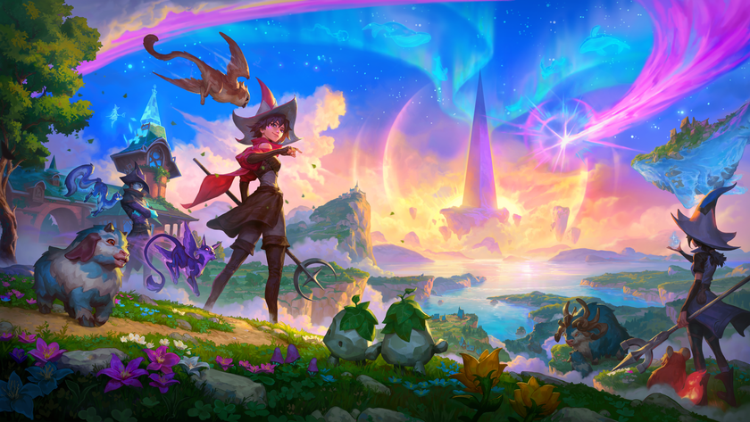 A witch surrounded by animal pals on a lush hill
