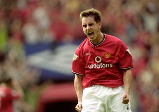 Gary Neville celebrates a goal for Manchester United against Chelsea in 2000.