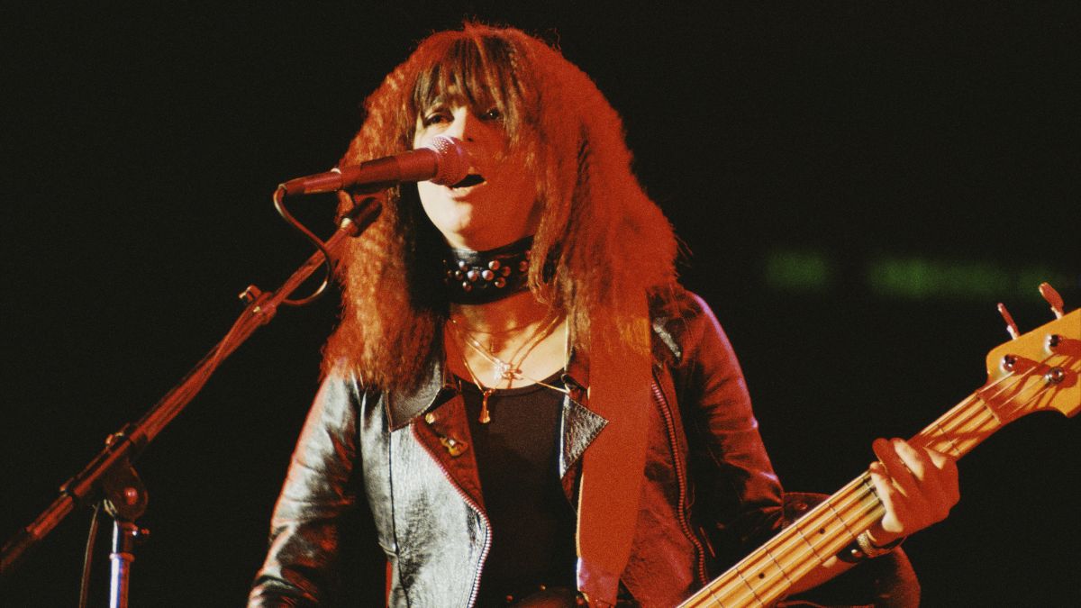 American rock singer Suzi Quatro in concert, circa 1975