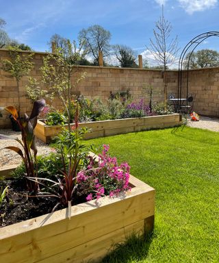 raised planters next to lawn