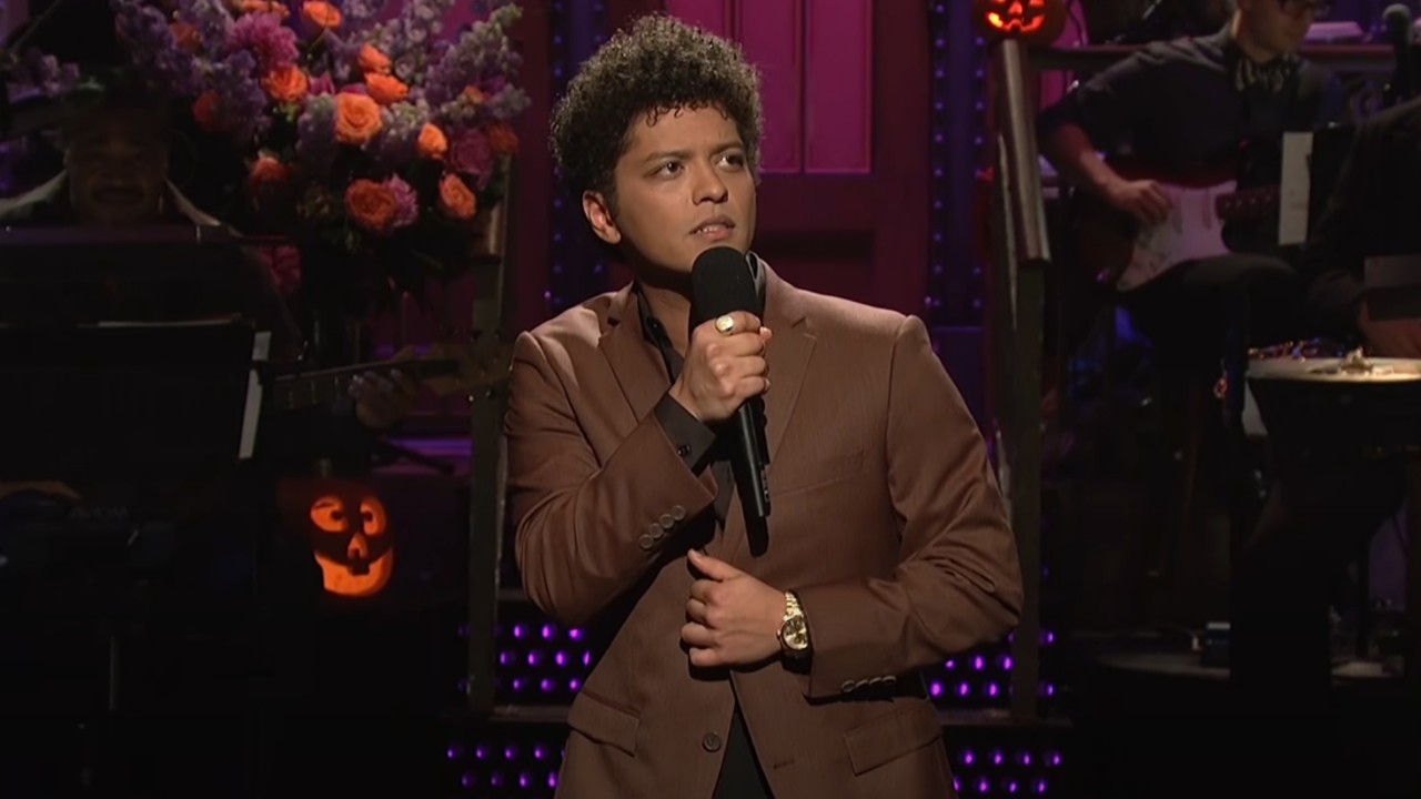 Bruno Mars singing during his monologue on SNL