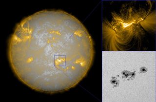 An image of the sun on Feb. 15, 2011, using composite data of the sun's surface from SDO/HMI and the sun's corona from SDO/AIA. The cutout region shows (bottom) the five rotating sunspots of the active region (AR 11158), and (top) the bright release of light from the X-class solar flare.
