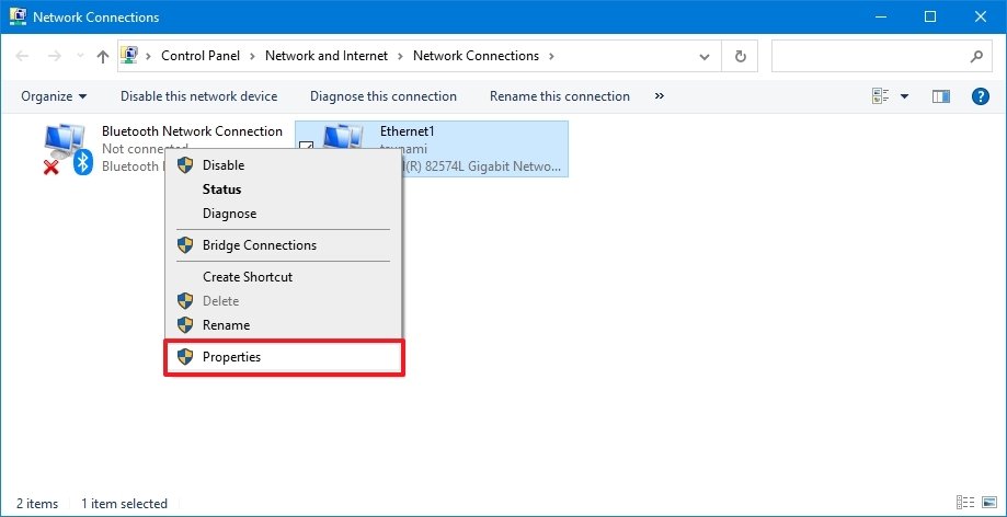 Network adapter properties option