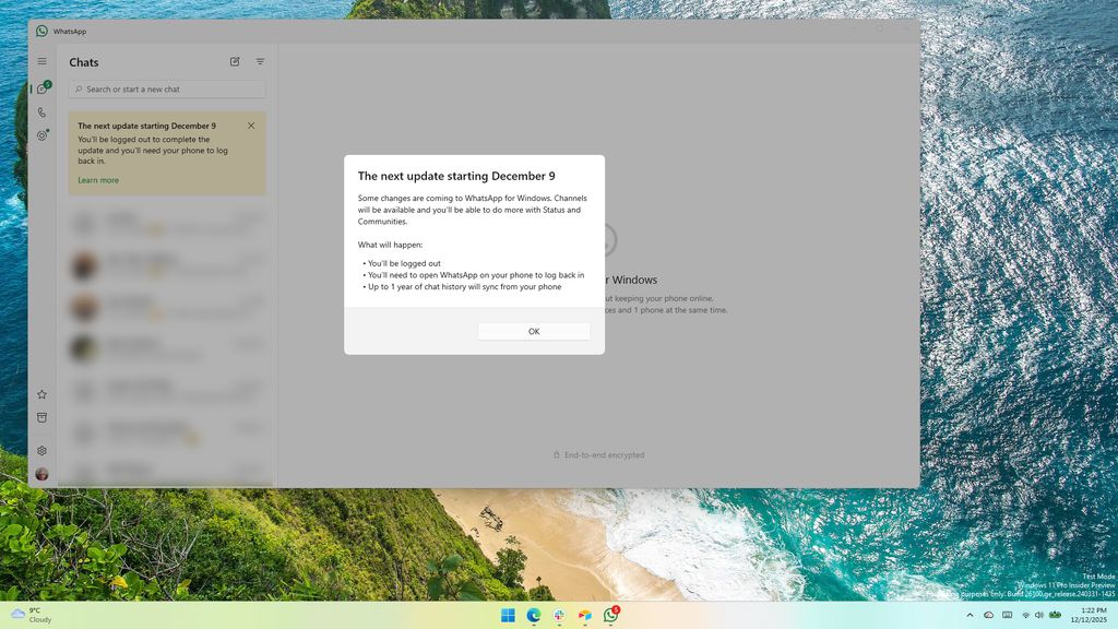 WhatsApp for Windows warning message
