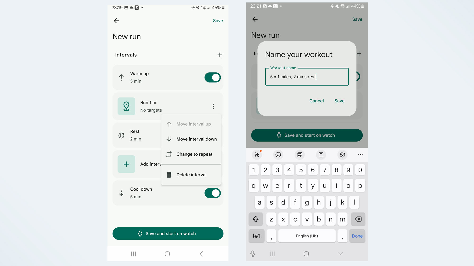 screenshots from the fitbit app building a custom running workout