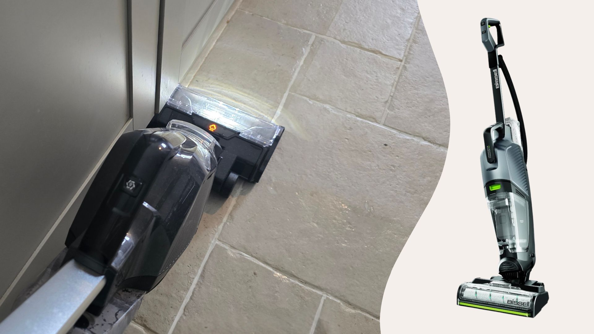 Bissell CrossWave HydroSteam Pet Steam Cleaner being tested on hard floors with an image of the Bissell CrossWave HydroSteam Pet Steam Cleaner on a pink background